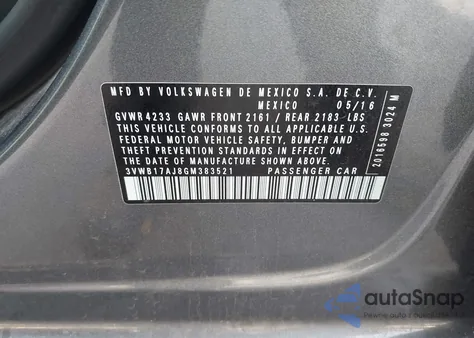 2016 Volkswagen Jetta 1.8T Sport из США, поврежденный, VIN 3VWB17AJ8GM383521